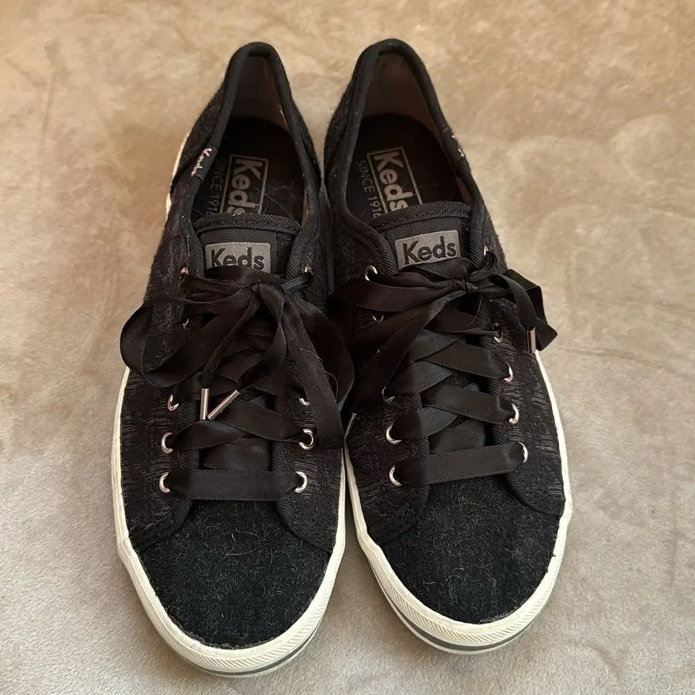 KEDS Sz 6 Blk Grey Houndstooth Sneakers *Ribbon Laces*!